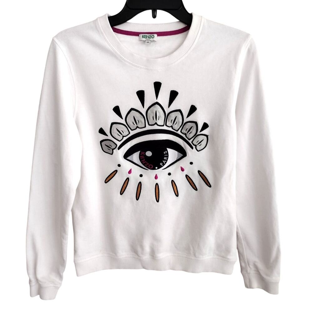 Kenzo Paris White Winking/Seeing Eye Embroidered Fleece Sweatshirt Women Medium